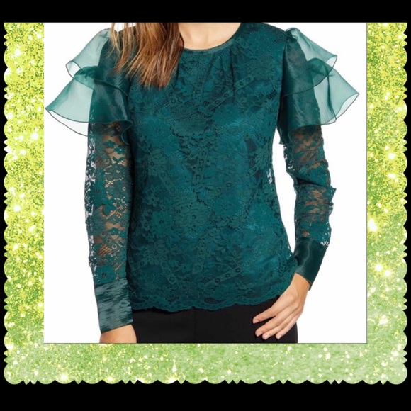 RACHEL PARCELL JEWEL NECK EMERALD GREEN FLUTTER WING SATIN LK CUFF TOP L… - Picture 6 of 11